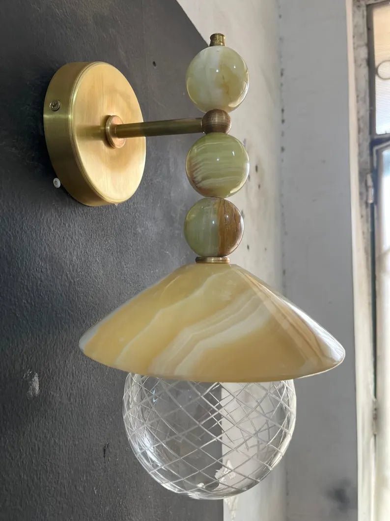 Handmade Onyx Marble Wall Sconce | Natural Stone Wall Light with Engraved Glass Shade | Les Trois Pyramides