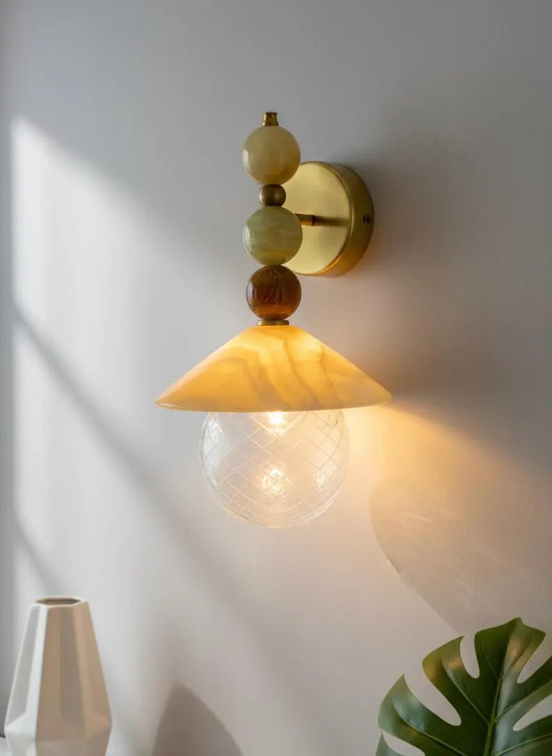 Handmade Onyx Marble Wall Sconce | Natural Stone Wall Light with Engraved Glass Shade | Les Trois Pyramides