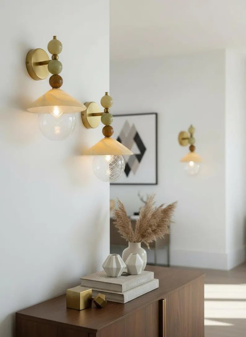 Handmade Onyx Marble Wall Sconce | Natural Stone Wall Light with Engraved Glass Shade | Les Trois Pyramides