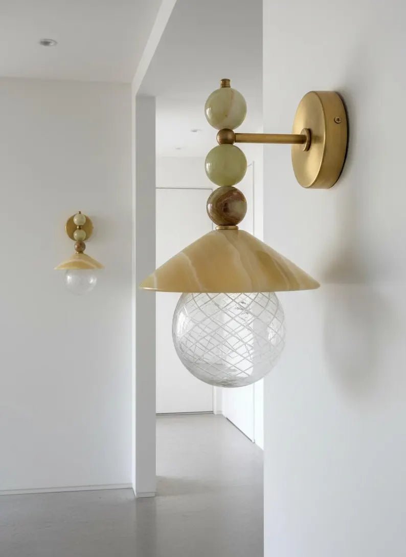 Handmade Onyx Marble Wall Sconce | Natural Stone Wall Light with Engraved Glass Shade | Les Trois Pyramides