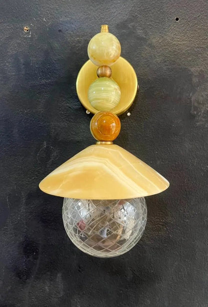 Handmade Onyx Marble Wall Sconce | Natural Stone Wall Light with Engraved Glass Shade | Les Trois Pyramides
