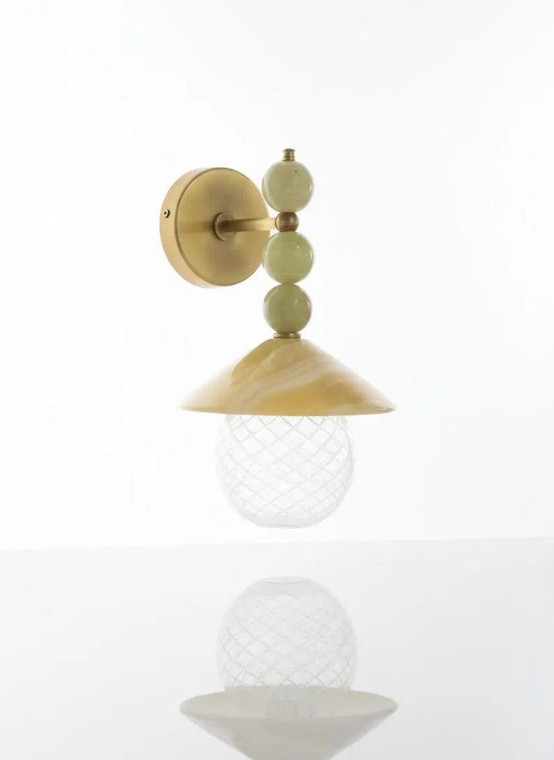 Handmade Onyx Marble Wall Sconce | Natural Stone Wall Light with Engraved Glass Shade | Les Trois Pyramides