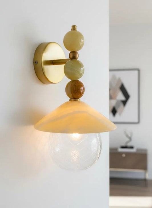 Handmade Onyx Marble Wall Sconce | Natural Stone Wall Light with Engraved Glass Shade | Les Trois Pyramides