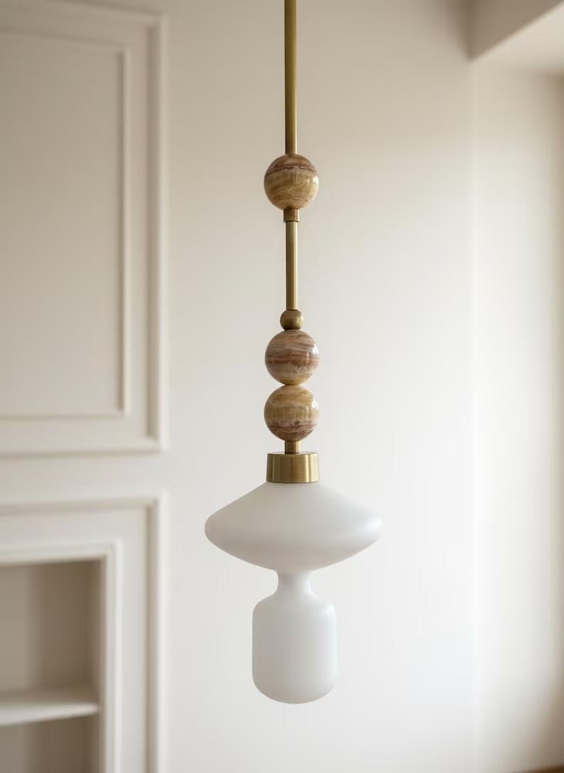 Onyx Pendant Light with Frosted Glass Shade – Handmade Stone Hanging Light for Modern Interiors