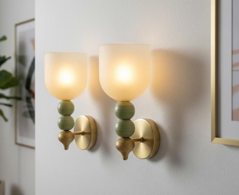 Set of two handmade onyx stone wall sconces with frosted glass shades and brass finish
