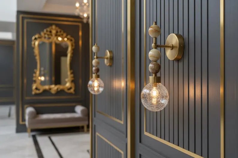 Onyx Stone Wall Sconce – Crackle Glass Brass Light | Les Trois Pyramides