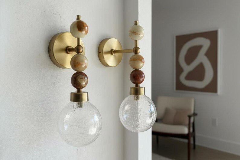 Onyx Stone Wall Sconce – Crackle Glass Brass Light | Les Trois Pyramides