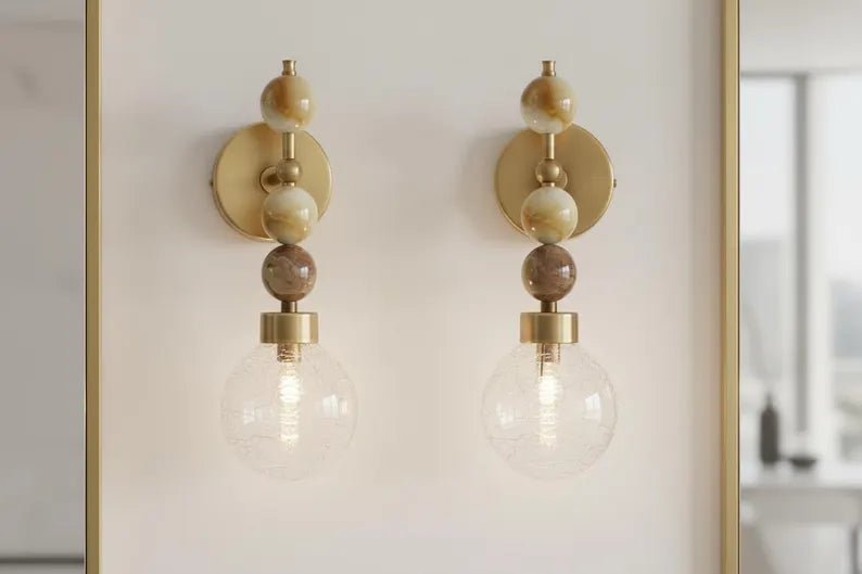 Onyx Stone Wall Sconce – Crackle Glass Brass Light | Les Trois Pyramides