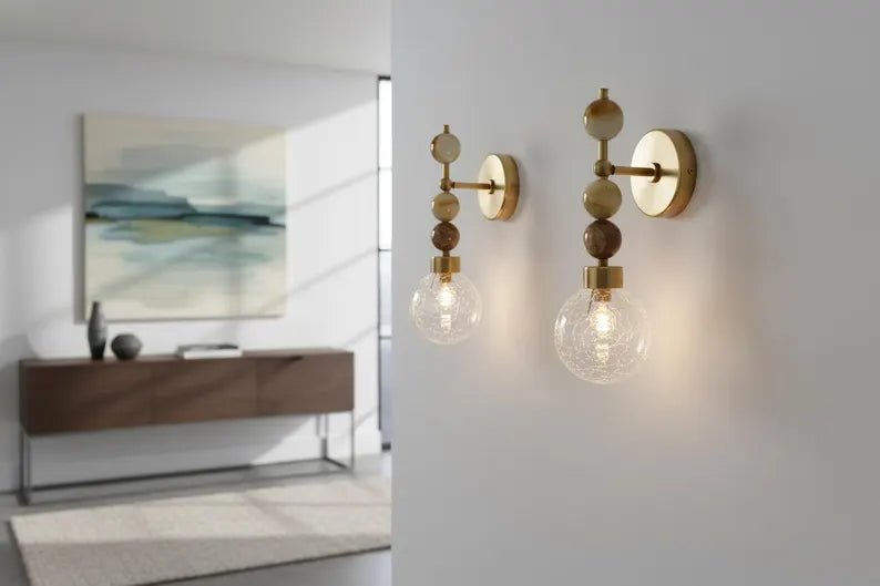 Onyx Stone Wall Sconce – Crackle Glass Brass Light | Les Trois Pyramides