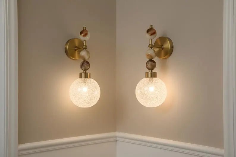 Onyx Wall Sconce with Crackled Glass Shade – Handmade Marble Light | Les Trois Pyramides