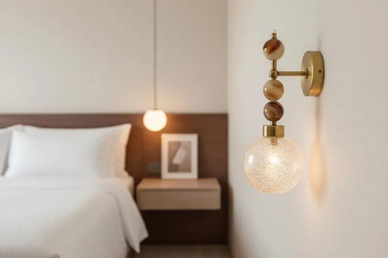 Onyx Wall Sconce with Crackled Glass Shade – Handmade Marble Light | Les Trois Pyramides