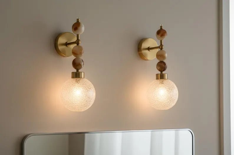 Onyx Wall Sconce with Crackled Glass Shade – Handmade Marble Light | Les Trois Pyramides