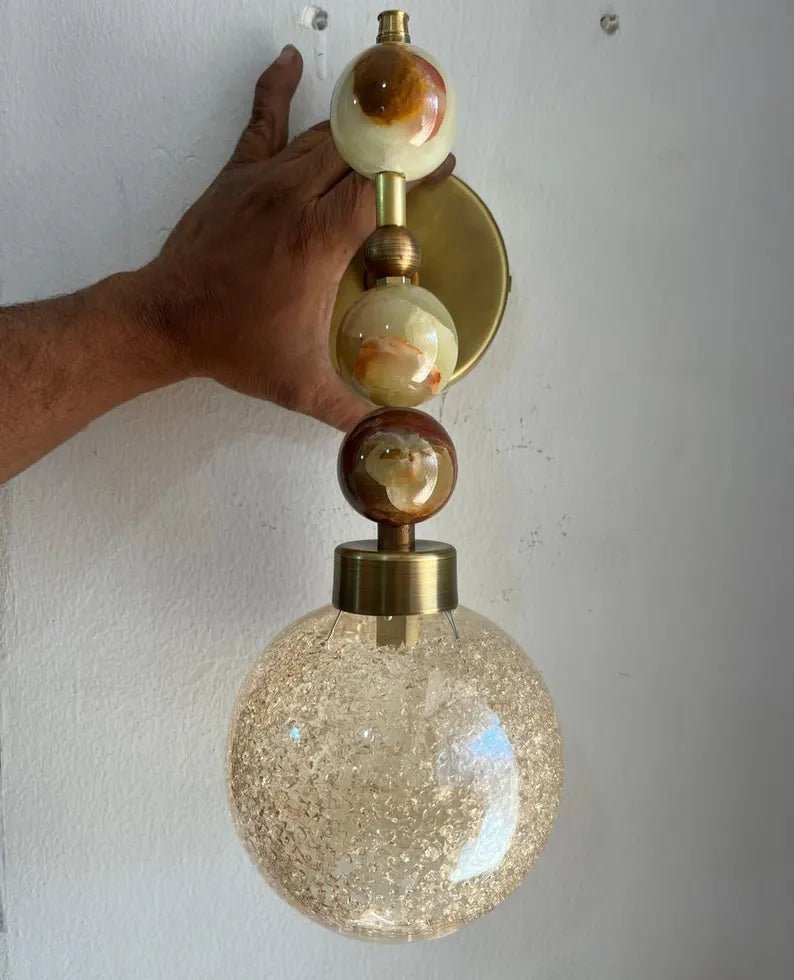Onyx Wall Sconce with Crackled Glass Shade – Handmade Marble Light | Les Trois Pyramides