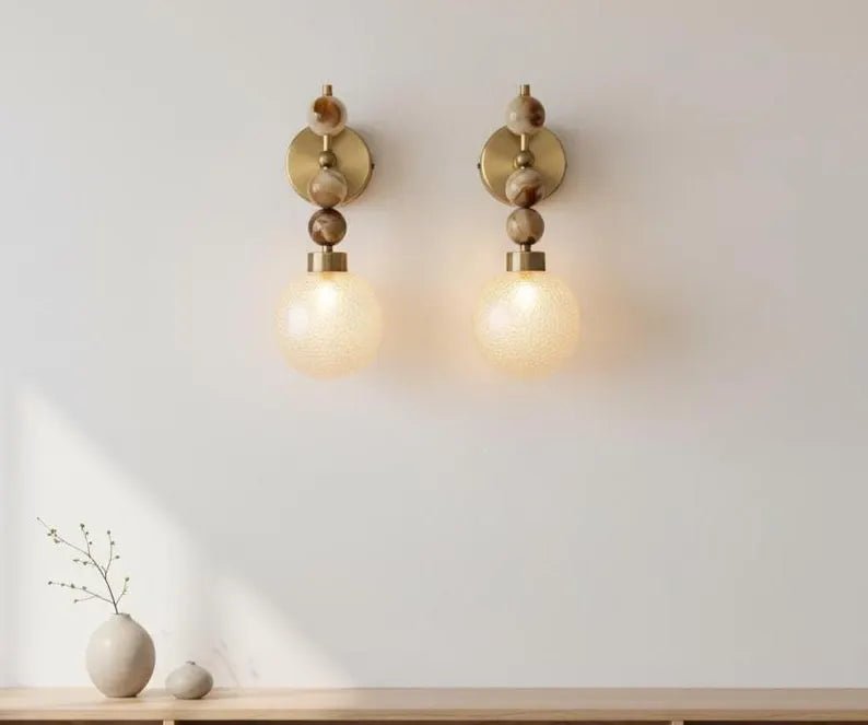 Onyx Wall Sconce with Crackled Glass Shade – Handmade Marble Light | Les Trois Pyramides
