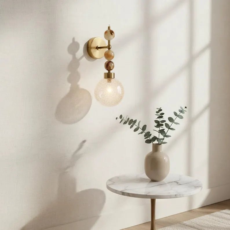 Onyx Wall Sconce with Crackled Glass Shade – Handmade Marble Light | Les Trois Pyramides