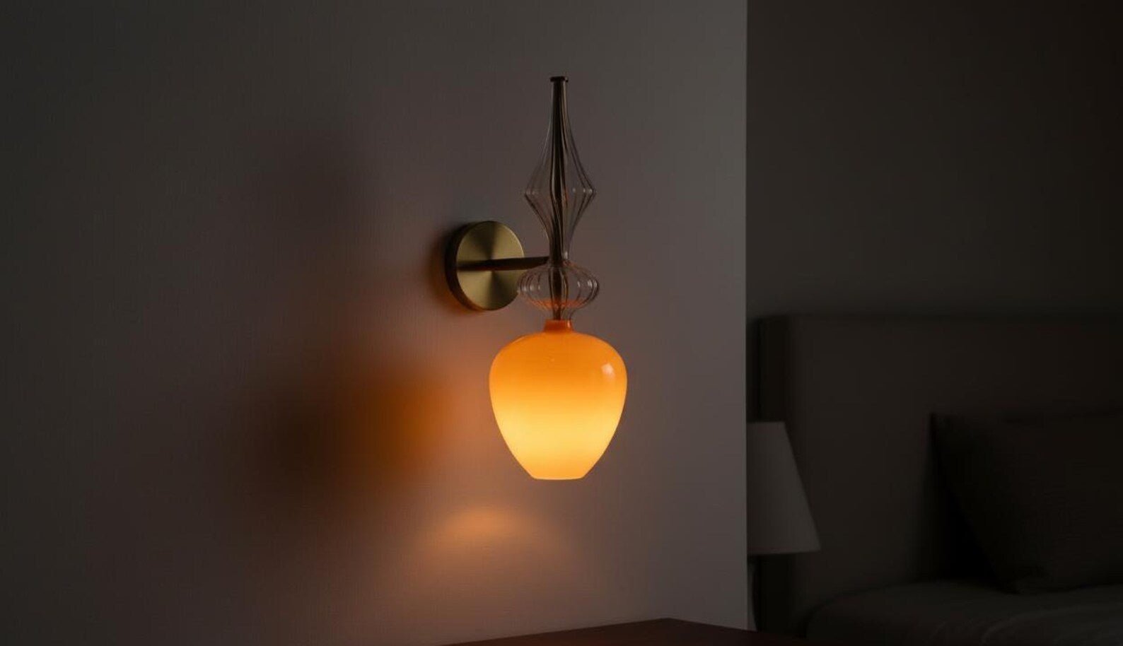 Orange Blown Glass Wall Sconce with Brass Arm – Handmade Wall Light | Les Trois Pyramides