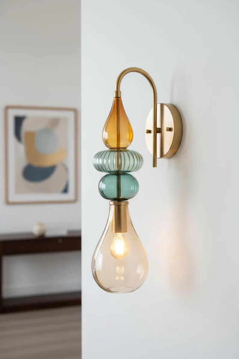 Hand Blown Glass Wall Sconce Light – Brass Wall Lamp with Colorful Glass – Handmade Bathroom Vanity Light – Modern Artistic Wall Lighting | Les Trois Pyramides