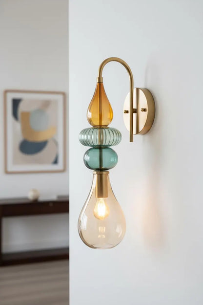 Hand Blown Glass Wall Sconce Light – Brass Wall Lamp with Colorful Glass – Handmade Bathroom Vanity Light – Modern Artistic Wall Lighting | Les Trois Pyramides