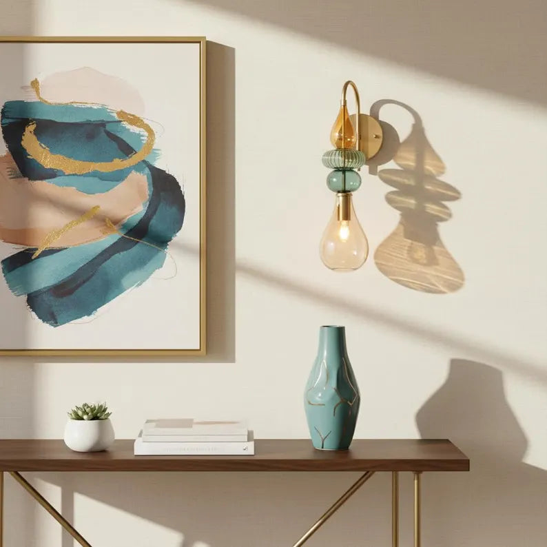 Hand Blown Glass Wall Sconce Light – Brass Wall Lamp with Colorful Glass – Handmade Bathroom Vanity Light – Modern Artistic Wall Lighting | Les Trois Pyramides