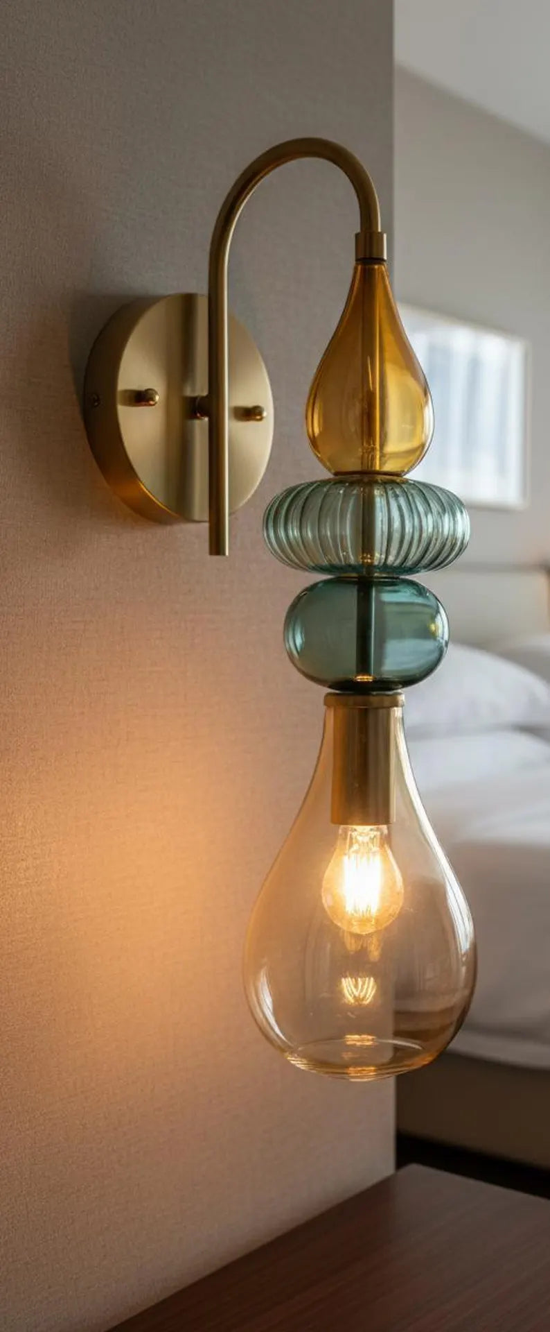 Hand Blown Glass Wall Sconce Light – Brass Wall Lamp with Colorful Glass – Handmade Bathroom Vanity Light – Modern Artistic Wall Lighting | Les Trois Pyramides