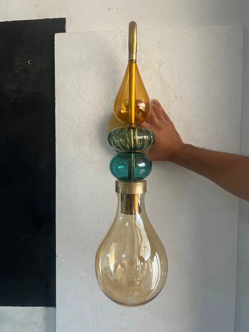 Hand Blown Glass Wall Sconce Light – Brass Wall Lamp with Colorful Glass – Handmade Bathroom Vanity Light – Modern Artistic Wall Lighting | Les Trois Pyramides