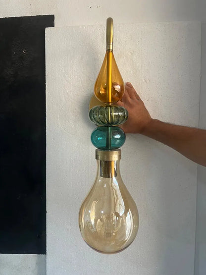 Hand Blown Glass Wall Sconce Light – Brass Wall Lamp with Colorful Glass – Handmade Bathroom Vanity Light – Modern Artistic Wall Lighting | Les Trois Pyramides