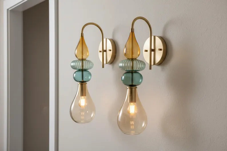Hand Blown Glass Wall Sconce Light – Brass Wall Lamp with Colorful Glass – Handmade Bathroom Vanity Light – Modern Artistic Wall Lighting | Les Trois Pyramides
