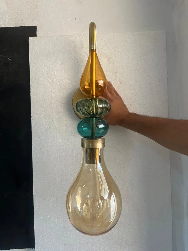 Hand Blown Glass Wall Sconce Light – Brass Wall Lamp with Colorful Glass – Handmade Bathroom Vanity Light – Modern Artistic Wall Lighting | Les Trois Pyramides