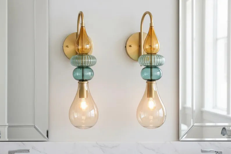 Hand Blown Glass Wall Sconce Light – Brass Wall Lamp with Colorful Glass – Handmade Bathroom Vanity Light – Modern Artistic Wall Lighting | Les Trois Pyramides