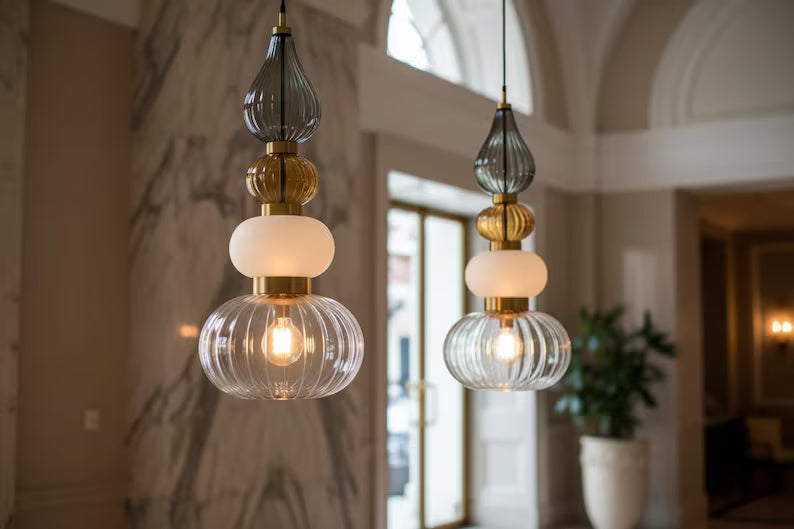 Glass Pendant Light, Modern Kitchen Island Lighting, Neutral Hanging Lamp, Clear Glass Ceiling Light, Handmade Brass Fixture | Les Trois Pyramides