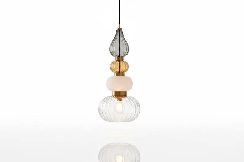 Glass Pendant Light, Modern Kitchen Island Lighting, Neutral Hanging Lamp, Clear Glass Ceiling Light, Handmade Brass Fixture | Les Trois Pyramides