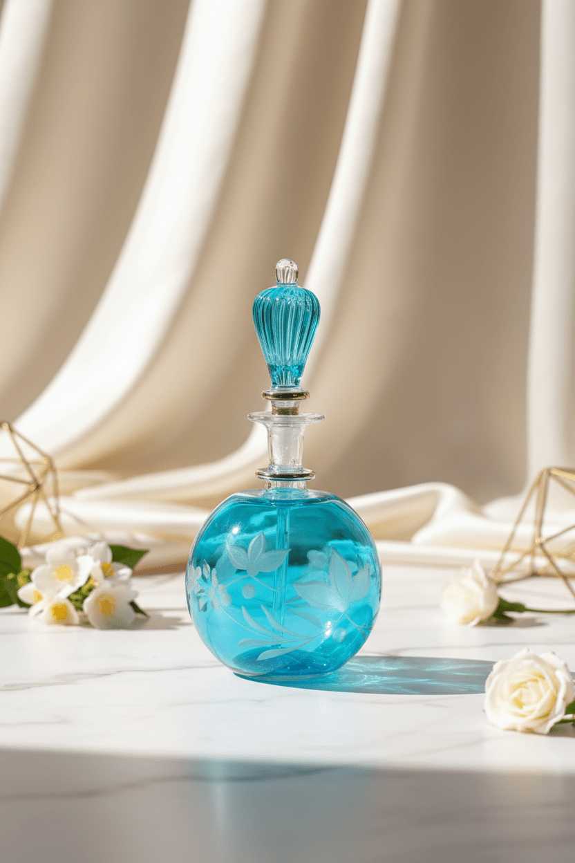 Blue glass bottle with floral design held in front of a blurred indoor background