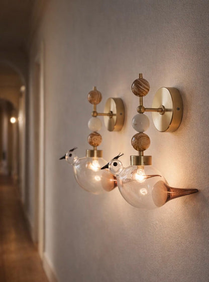 Blown Glass Bird Wall Sconce Brass Wall Light, Natural Onyx Stone Lamp, Handmade Bedside Wall Lighting, Bathroom Vanity Fixture