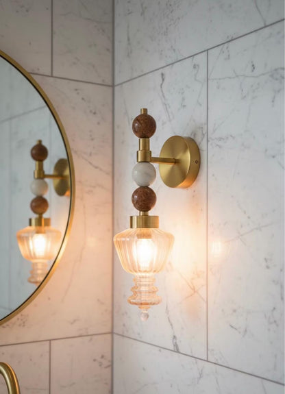 Blown Glass Wall Sconce Brass Wall Light, Natural Onyx Stone Vanity Lamp, Vintage Bedside Wall Lighting, Handmade Bathroom Fixture