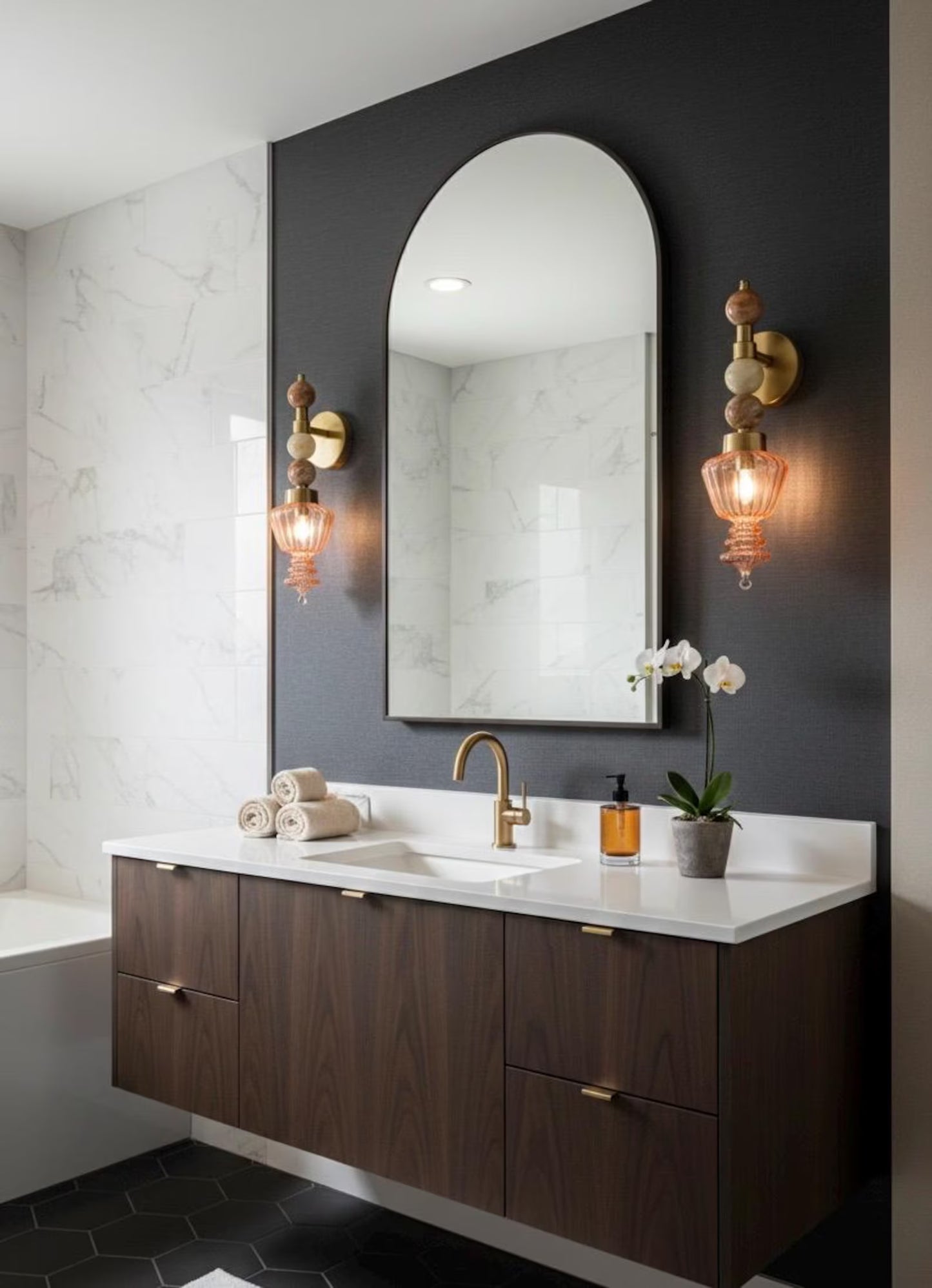 Blown Glass Wall Sconce Brass Wall Light, Natural Onyx Stone Vanity Lamp, Vintage Bedside Wall Lighting, Handmade Bathroom Fixture