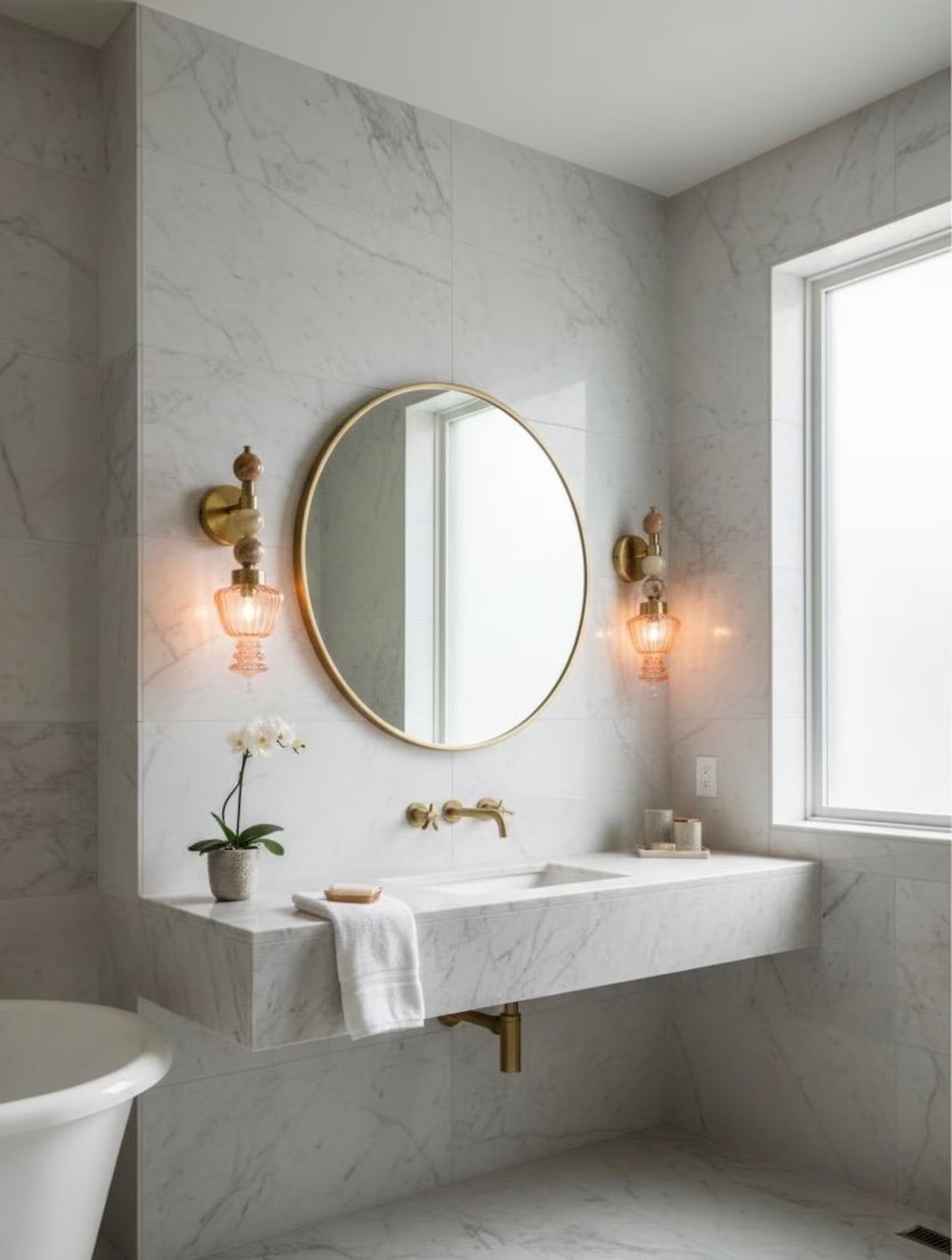 Blown Glass Wall Sconce Brass Wall Light, Natural Onyx Stone Vanity Lamp, Vintage Bedside Wall Lighting, Handmade Bathroom Fixture