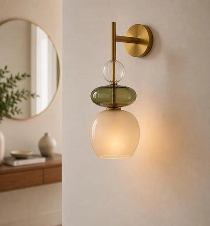 Modern Glass Wall Sconce, Brass Bathroom Vanity Light, Handmade Wall Lamp, Bedside Wall Light, Green Glass Sconce, Hallway Lighting | Les Trois Pyramides