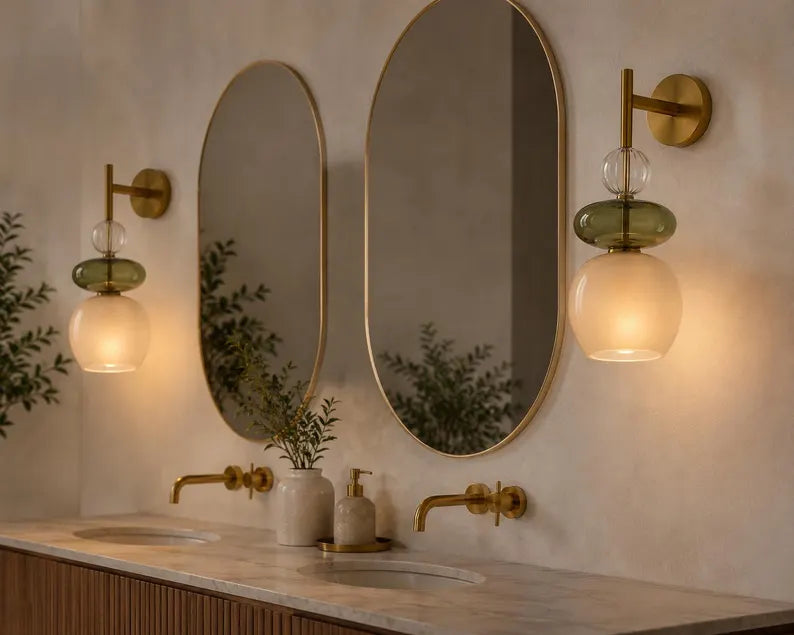 Modern Glass Wall Sconce, Brass Bathroom Vanity Light, Handmade Wall Lamp, Bedside Wall Light, Green Glass Sconce, Hallway Lighting | Les Trois Pyramides