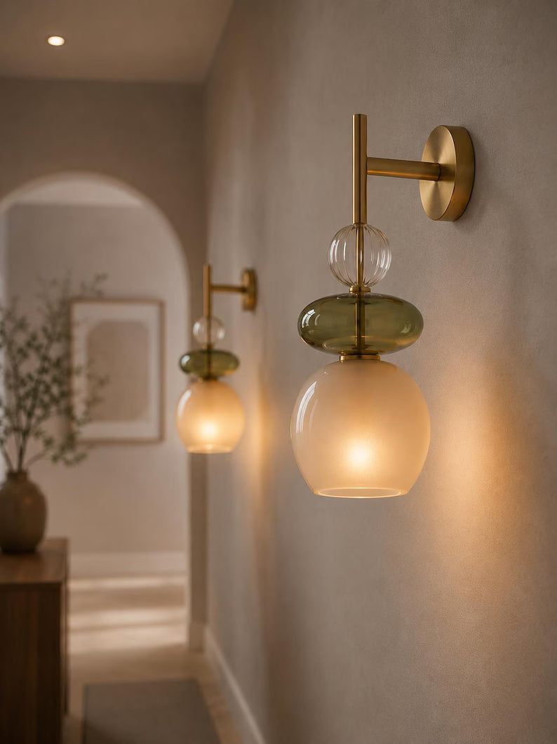 Modern Glass Wall Sconce, Brass Bathroom Vanity Light, Handmade Wall Lamp, Bedside Wall Light, Green Glass Sconce, Hallway Lighting | Les Trois Pyramides
