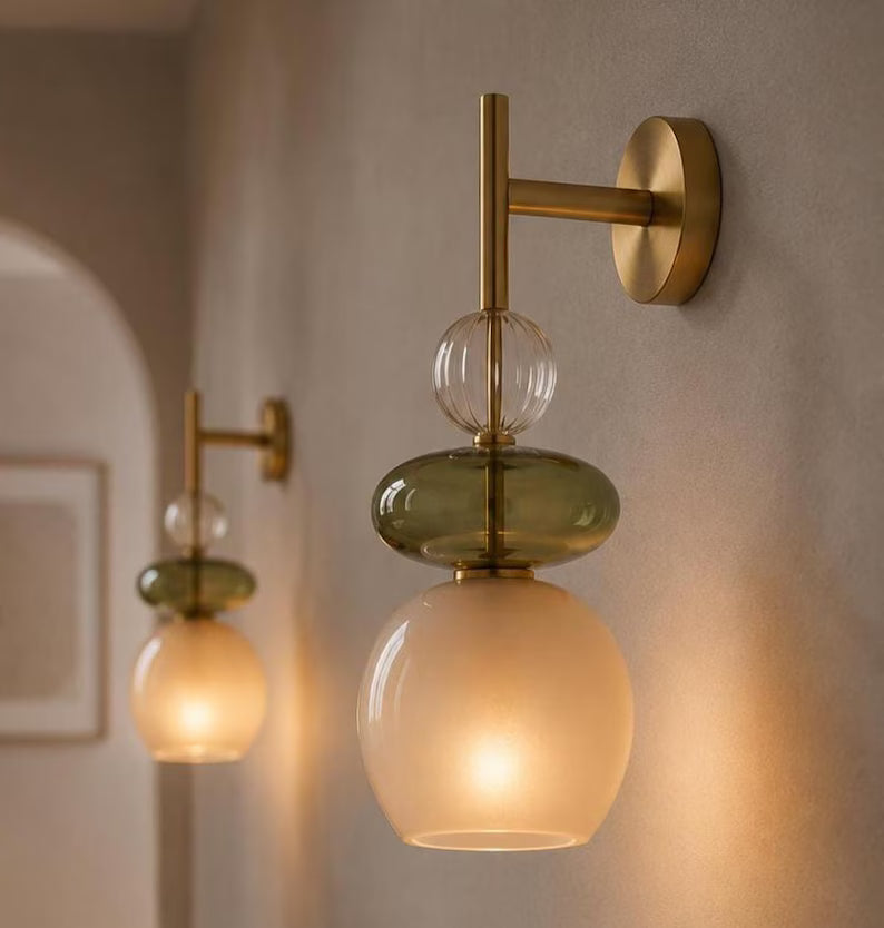 Modern Glass Wall Sconce, Brass Bathroom Vanity Light, Handmade Wall Lamp, Bedside Wall Light, Green Glass Sconce, Hallway Lighting | Les Trois Pyramides