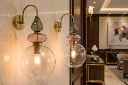 Pink Glass Wall Sconce, Brass Wall Light, Modern Murano Style Lamp, Hand Blown Glass Lighting, Bedroom Bedside Wall Light Fixture | Les Trois Pyramides