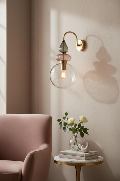 Pink Glass Wall Sconce, Brass Wall Light, Modern Murano Style Lamp, Hand Blown Glass Lighting, Bedroom Bedside Wall Light Fixture | Les Trois Pyramides