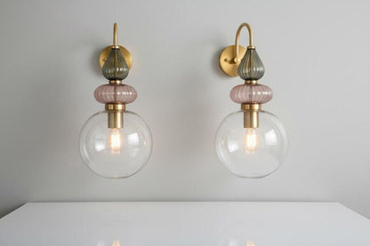 Pink Glass Wall Sconce, Brass Wall Light, Modern Murano Style Lamp, Hand Blown Glass Lighting, Bedroom Bedside Wall Light Fixture | Les Trois Pyramides