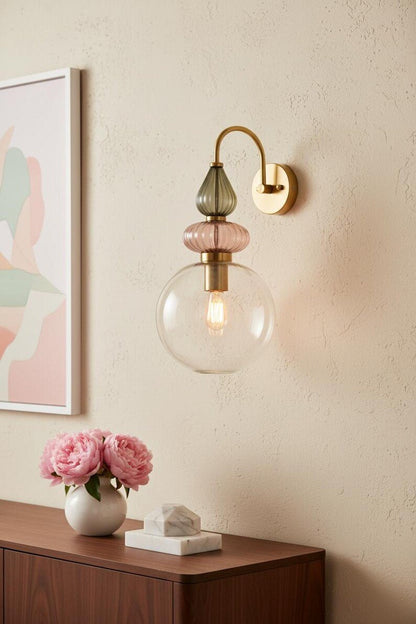 Pink Glass Wall Sconce, Brass Wall Light, Modern Murano Style Lamp, Hand Blown Glass Lighting, Bedroom Bedside Wall Light Fixture | Les Trois Pyramides