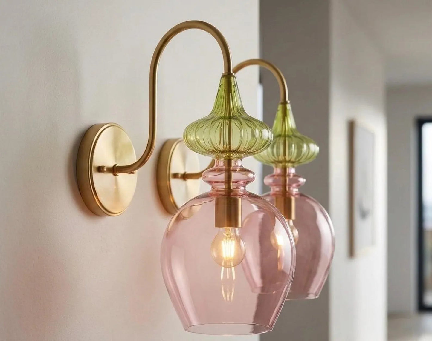 Pink Blown Glass Wall Sconce with Brass – Modern Ribbed hallway Wall Light | Les Trois Pyramides