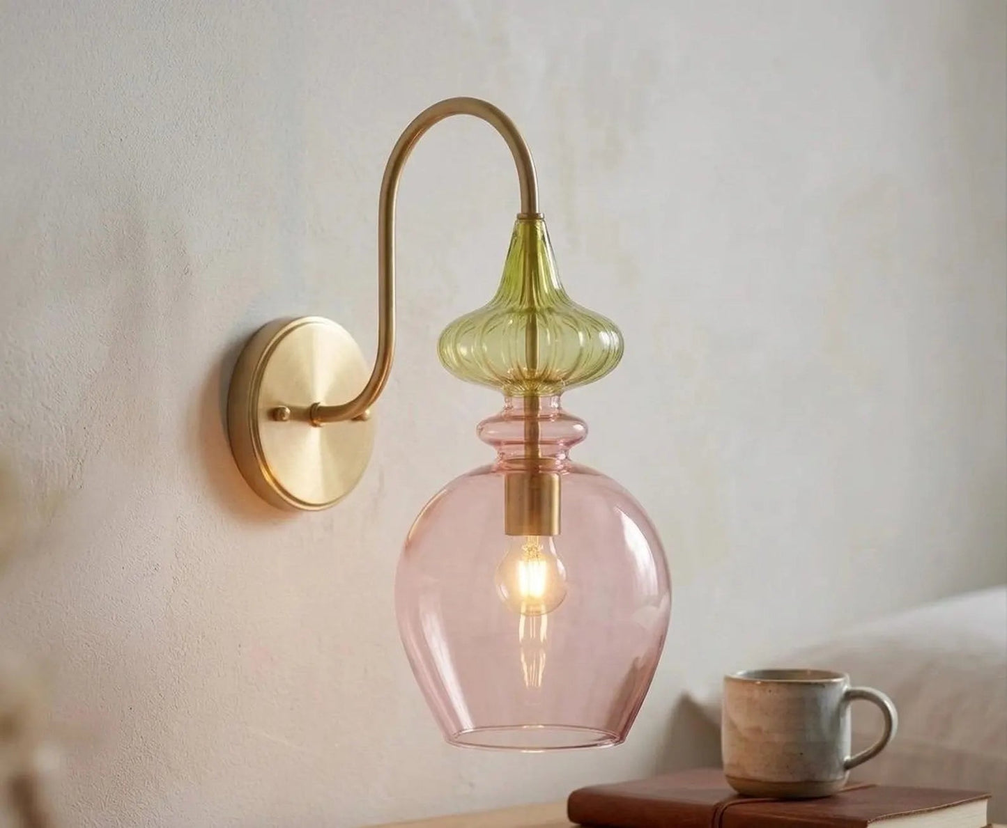 Pink Blown Glass Wall Sconce with Brass – Modern Ribbed Bedside Wall Light | Les Trois Pyramides
