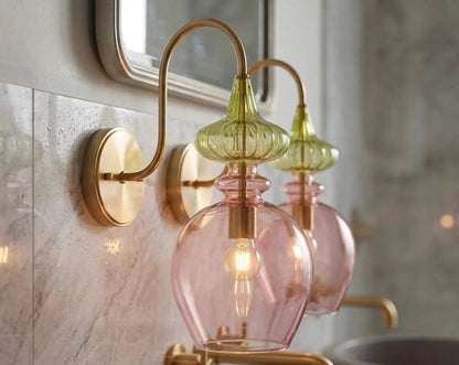 Pink Blown Glass Wall Sconce with Brass – Modern Ribbed Bedside Wall Light | Les Trois Pyramides