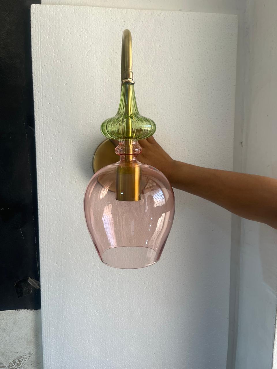 Pink Blown Glass Wall Sconce with Brass – Modern Ribbed Bedside Wall Light | Les Trois Pyramides