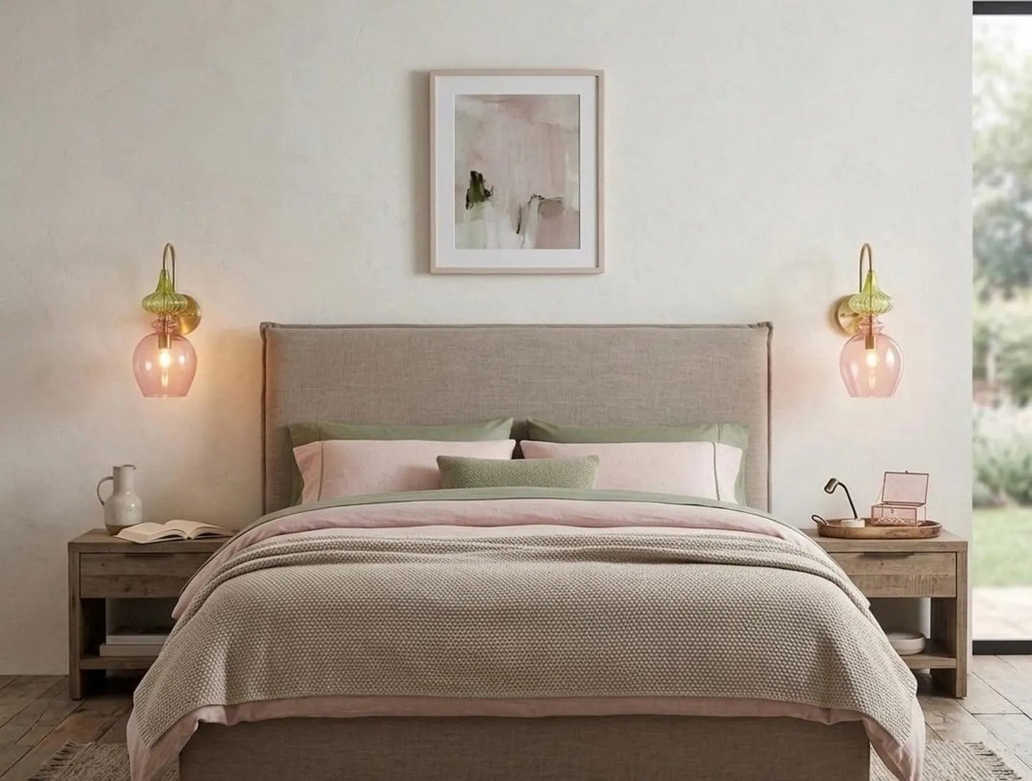 Pink Blown Glass Wall Sconce with Brass – Modern Ribbed Bedside Wall Light | Les Trois Pyramides