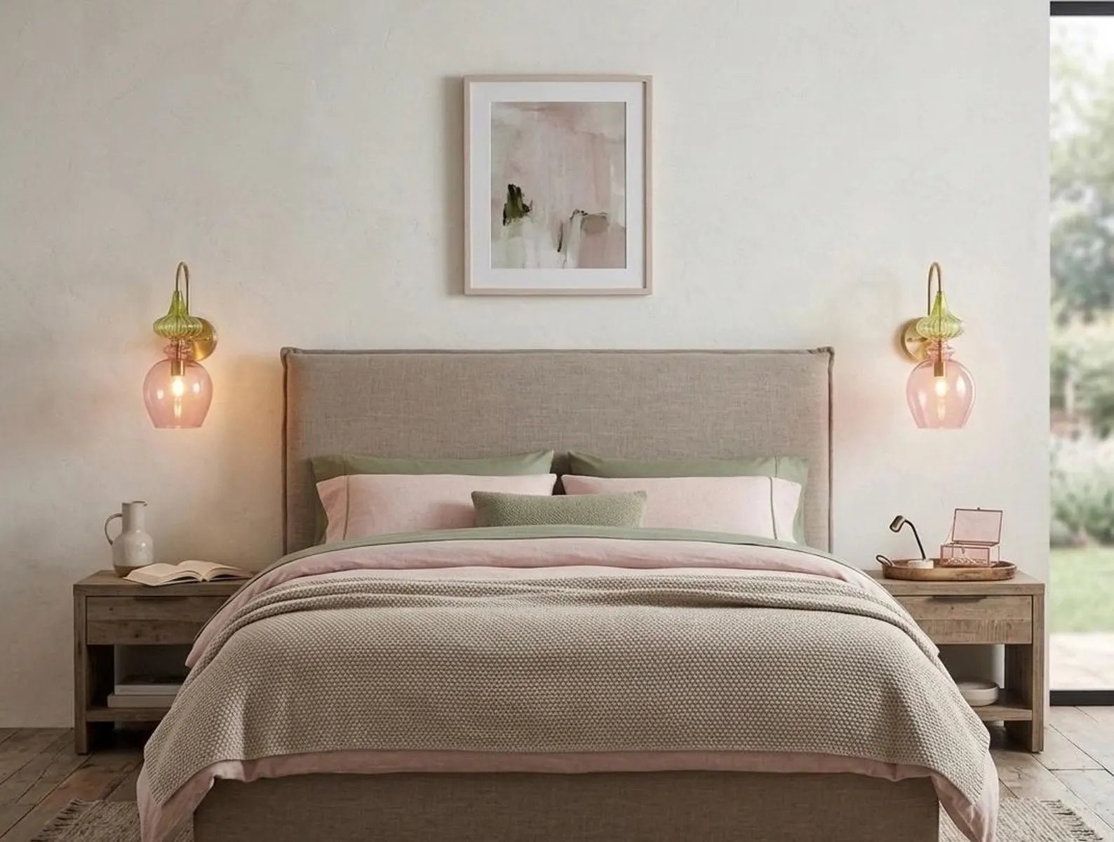Pink Blown Glass Wall Sconce with Brass – Modern Ribbed Bedside Wall Light | Les Trois Pyramides